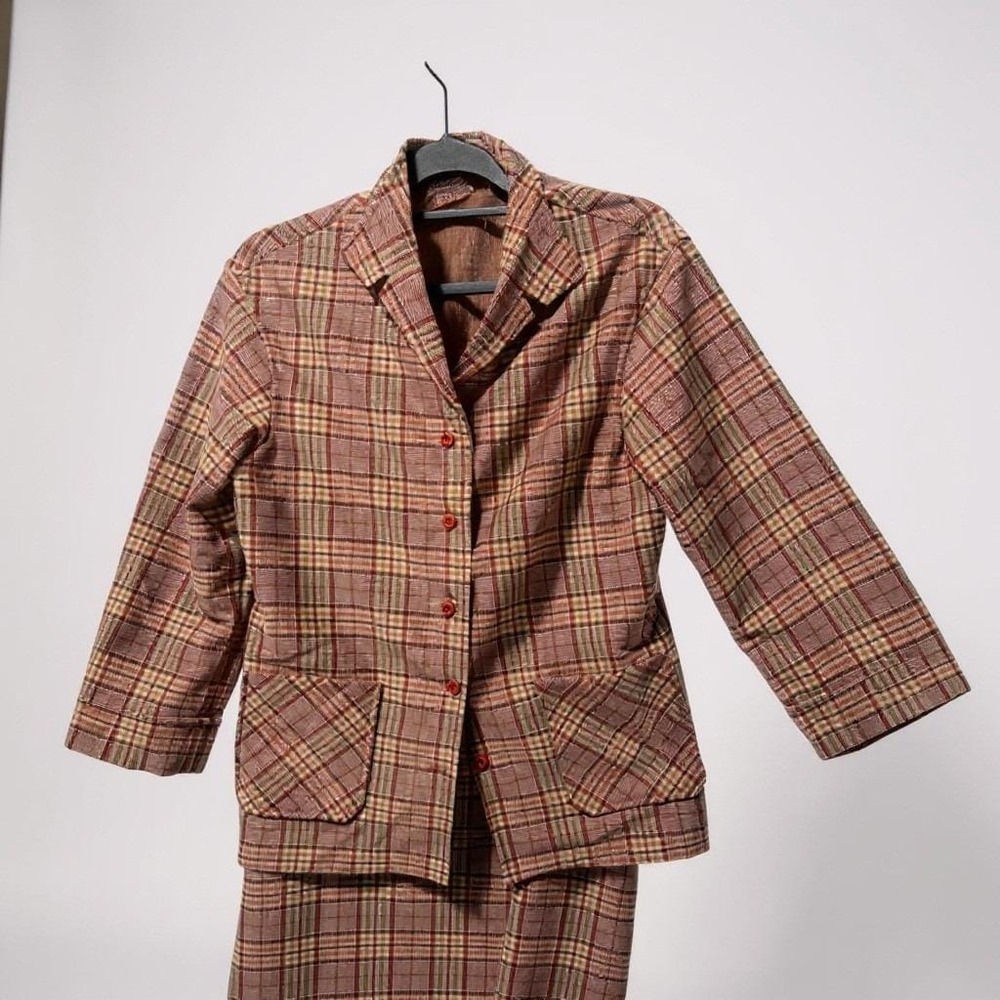 Vintage Plaid 3 Piece Skirt & Pants Suit‎ Set Terracotta Blazer Multi Medium